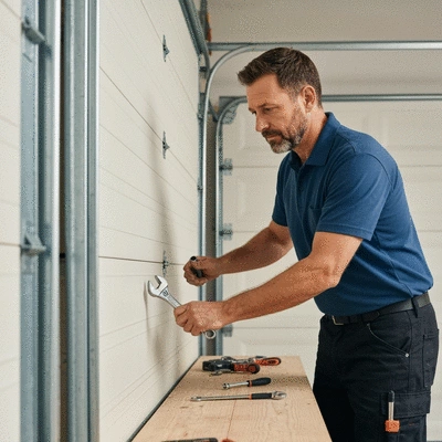 Professional garage door repair mechanic inspecting a garage door mechanism