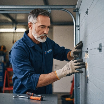 Technician inspecting a garage door for damage during an emergency repair