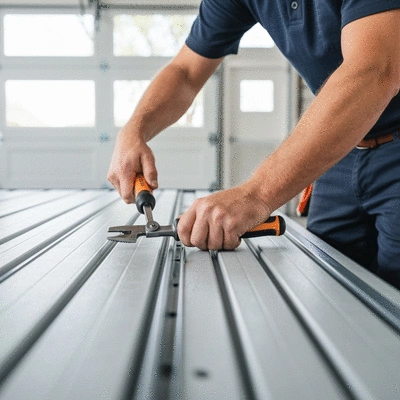 Professional installing a modern garage door, showcasing precision and safety