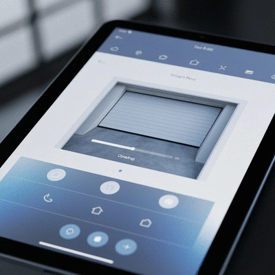 Smart home interface controlling a modern garage door, illustrating advanced technology